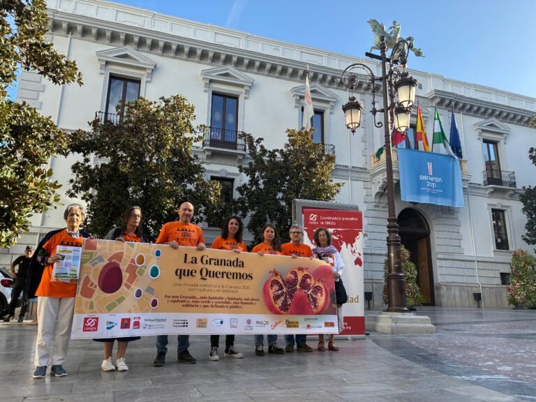 Representantes de las entidades de La Granada que Queremos, con camisetas naranjas de Pobreza Cero, sostienen la pancarta de la campaña frente al Ayuntamiento de Granada
